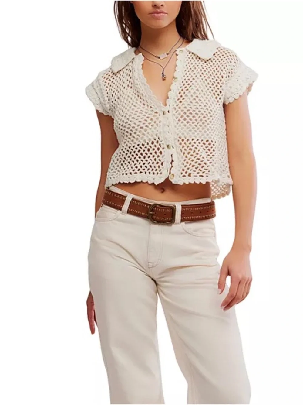 FREE PEOPLE Lilly Crochet Short-Sleeve Button Front Top in coconut milk size S